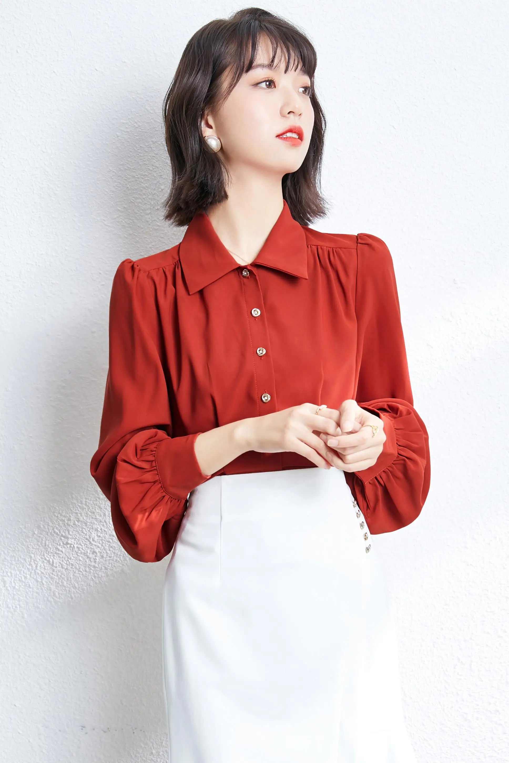 

Houthion Chiffon Slim Women's Blouses New Casual Blouse Solid Color Buttons Shirt Spring/autumn Fashion Long Sleeve Top
