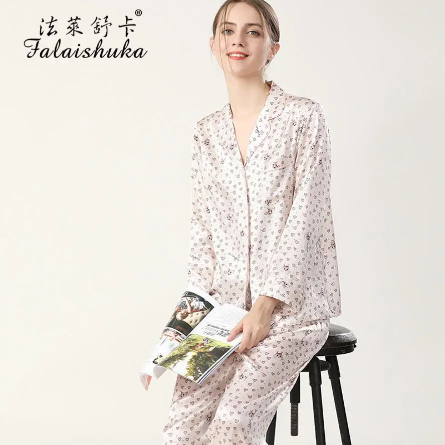 Pink 100% Silk Stain Pajamas Sets Women Homewear 2021 Spring Full Sleeve Long Pants