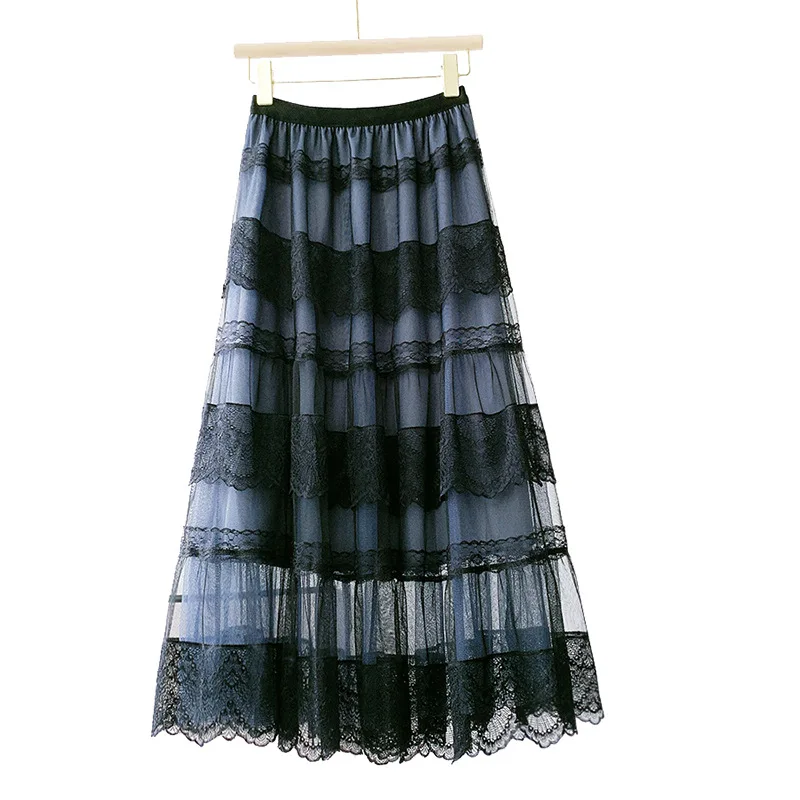 

Black Lace Skirt 2021 New See-Through Mesh Long Skirt Dark All-Match Cake Skirt