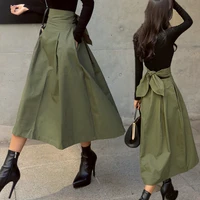 womens solid color big swing ladies skirt long skirt high waist bow slim skirts