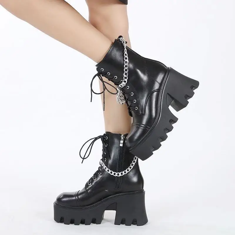 

2021 Women Motorcycle Booties Square Heel Zip High Heel Ankle Boots With Chain Med Platform Women Martin Boots Botas De Mujers