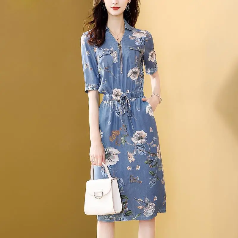 

Women's Spring Summer Style Dress Women's Turn-down Collar Zipper Printed Half Sleeve Jean Korean Elegant Dress SS1981