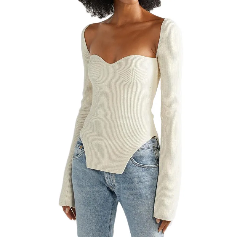 

Sexy Knitted Sweater Women 2021 New Spring Autumn Fashion Solid Color Square Collar Irregular Slim Bottoming Top Female LR1381