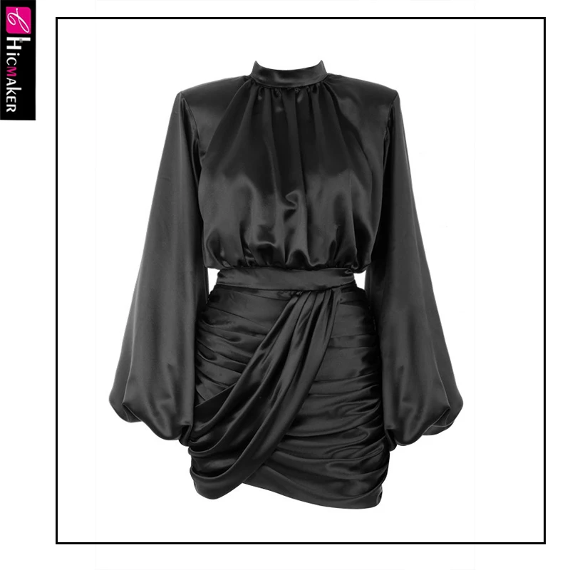 Женское облегающее платье-мини с круглым вырезом и рукавами-фонариками