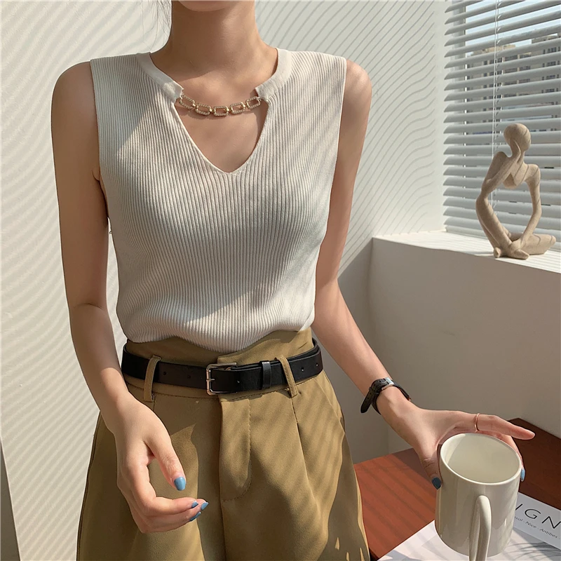

Women Summer V-Neck Knit Slim Tank Top Female Solid Casual Sleeveless Camisole Crop Top Streetwear