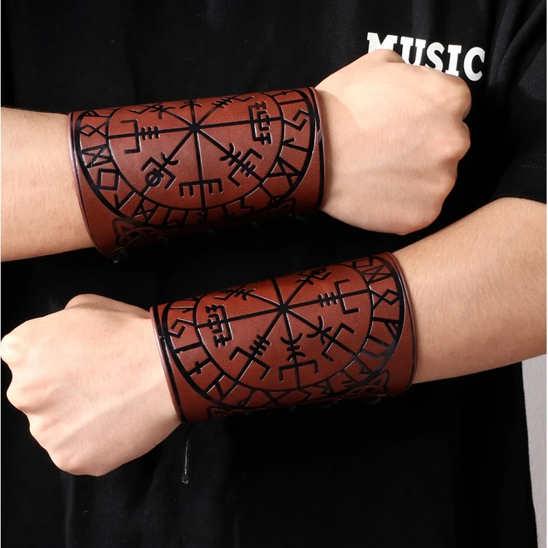 

Toten Design Nordic Viking Odin Compass Bangles for Man Riding Protective Gear Embossed Wide Leather Wristband Punk Jewelry