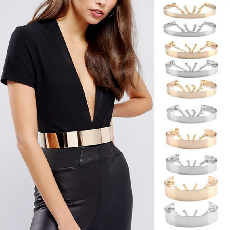 

Hirigin Hot Sale Women Full Metal Waist Mirror Wide Gold Silver Plate Waistband Chains Belt Female Girls Trendy Belts