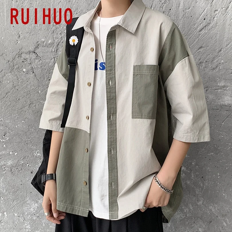

RUIHUO Patchwork Casual Shirts For Men Clothing Half Sleeve Shirt Men Vintage Clothes Mens Shirt Dress M-2XL 2021 New Arrival