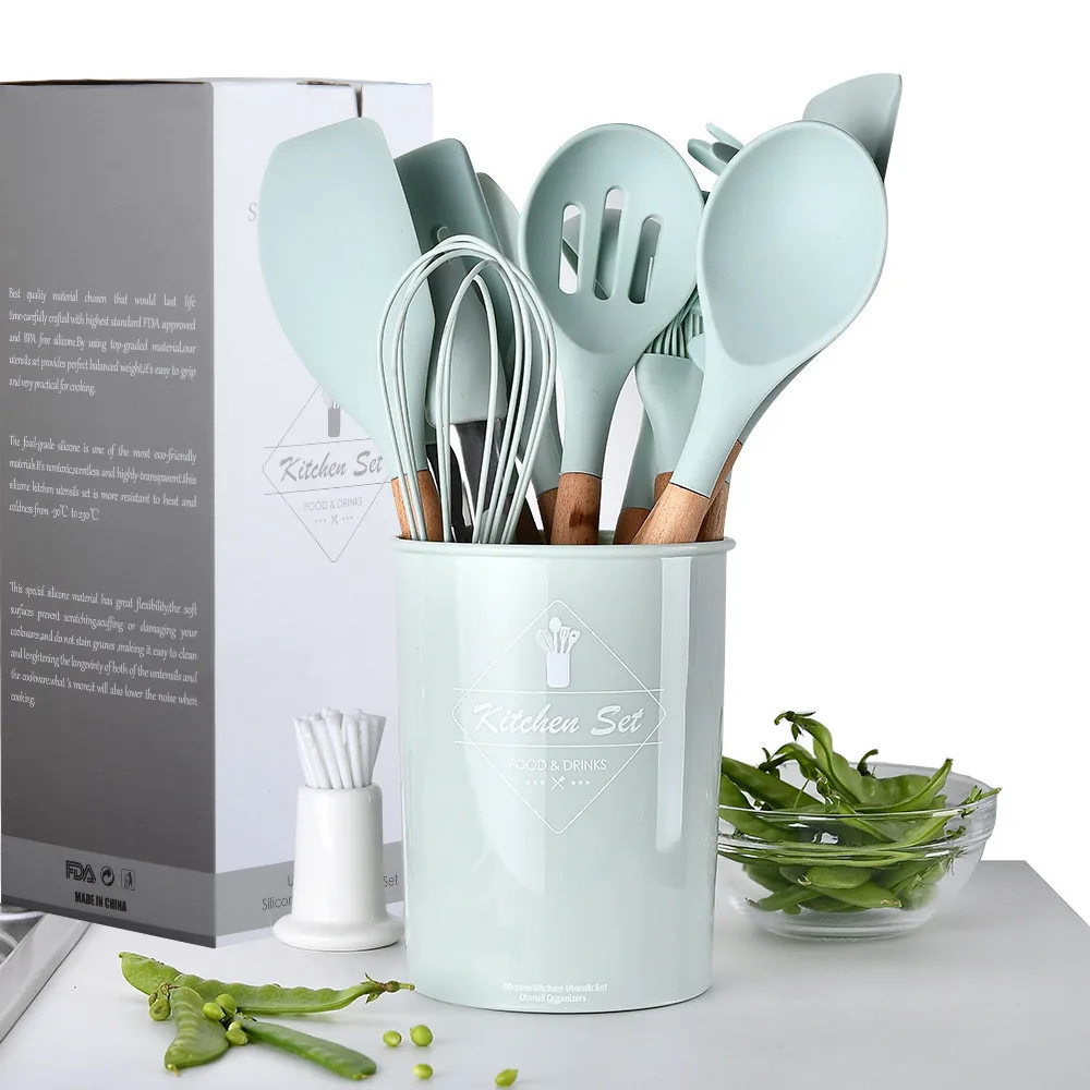 

12pcs Silicone Cooking Utensils Tools Set Premium Kitchen Cooking Set with Storage Box Holder Turner Tongs Spatula Soup Spoon