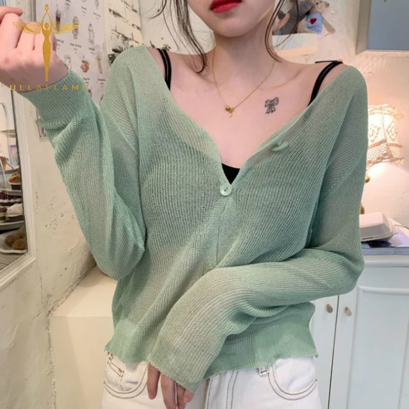 

Long Sleeve Women Knit Sweaters Cardigan Harajuku Single-breasted Top Cardigan Transparent Skinny Solid Sweater Coat High Street