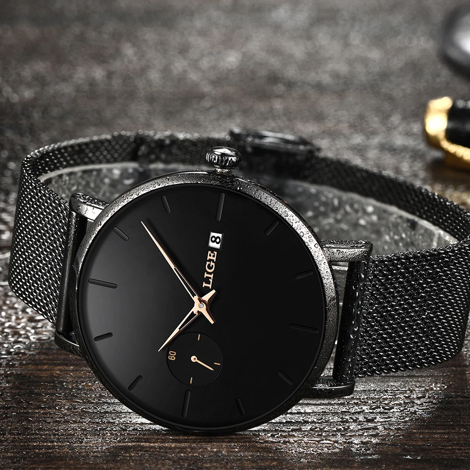 LIGE желтые кварцевые часы с указкой мужские лучший бренд роскошные простые со
