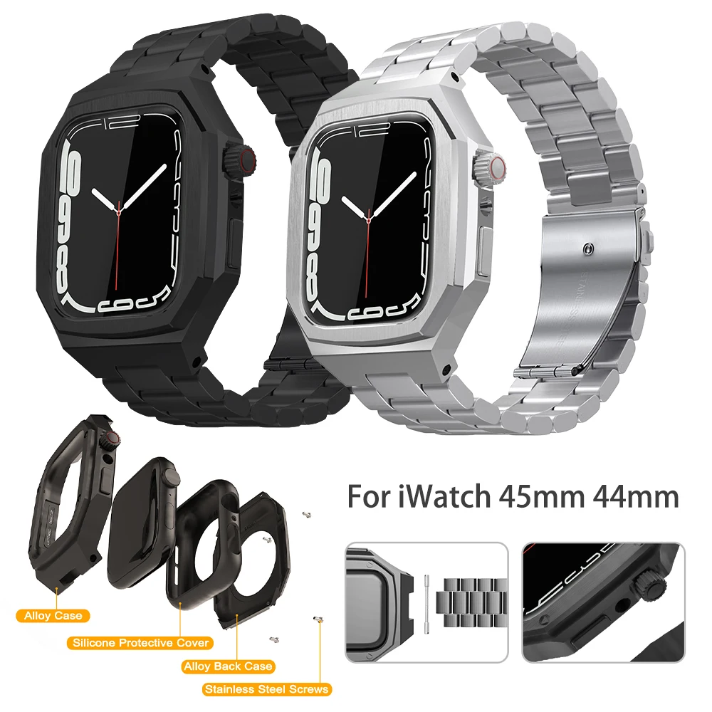 

Steel for Apple Watch 7 45mm Band Case Strap for Iwatch 6 SE 5 44mm Metal Protective Cover Watchband Accessories Luxury Bracelet