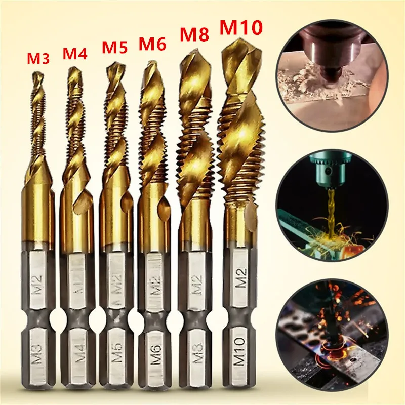 6pcs M3-M10 Combination Drill Screw Tap Bit Set 1/4'' Hex HSS 6542 Titanium Coated Thread Spiral Deburr Countersink Bits |