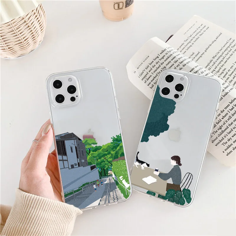 

Cartoon Scenery Clear Phone Cases For iphone 7 8 Plus SE 2 11 12 13 Pro Max X XR XS MAX Students Dog Cat Soft Transparent Cover