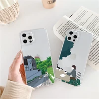 cartoon scenery clear phone cases for iphone 7 8 plus se 2 11 12 13 pro max x xr xs max students dog cat soft transparent cover