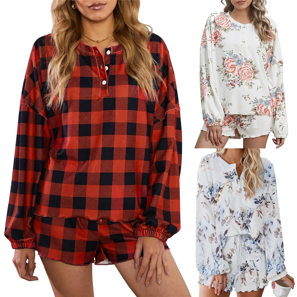 

Women Casual Pajama Sets Long Sleeve Blouse Tops + Shorts Suit Tie-dye Printing Elastic Waist Drawstring Loose Lounge Sleepwear