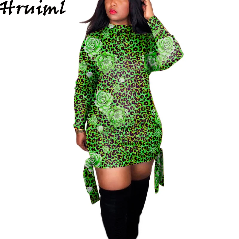 

Mini Dresses Women Leopard Floral Print Autumn Stand Collar Strappy Long Sleeve Dress Sexy Bodycon Slim Female Club Dress 2020