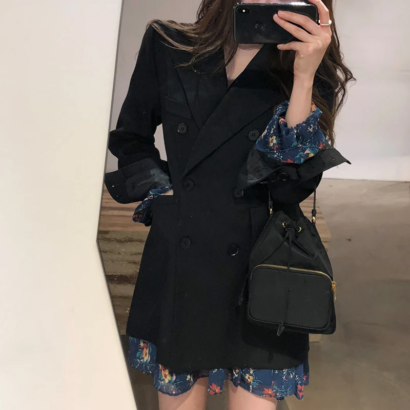 

Loose Ladies White Coats2020 Autumn New Collar Long Sleeve Casual Ladies Blazer Korean Trend Double Breasted