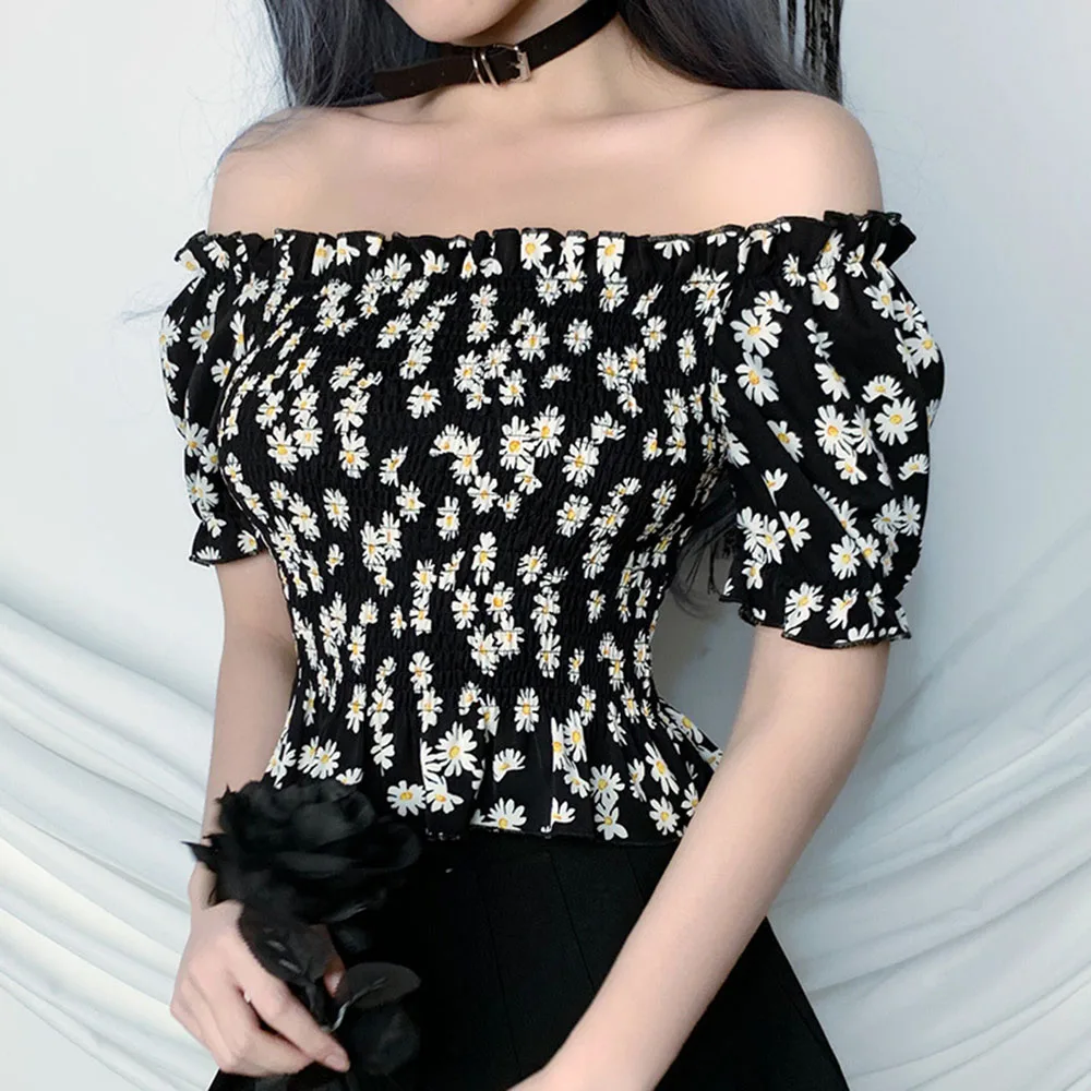 Gothic Chic Floral Blouse Summer Off Shoulder Sexy Blouses Women Tops Black Pleated Shirt Girl Goth Club Beach Shirts Crop Top | Женская