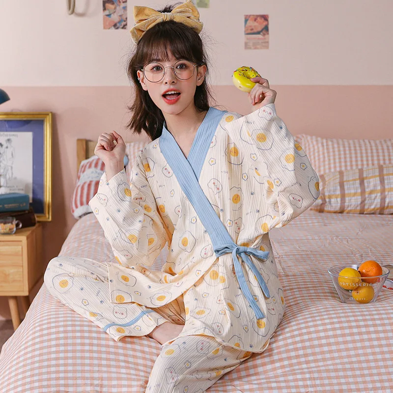 2021 Japanese Style Kimono Spring Autumn NewCotton  Ladies Thin Nightgown Women Bathrobe Robe Home wear Service Pajamas 2pieces