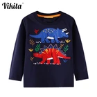 VIKITAдетская осенне-зимняя футболка; Одежда с аппликацией в виде динозавра для маленьких мальчиков; Детские футболки с круглым вырезом и рисунком; Детская одежда