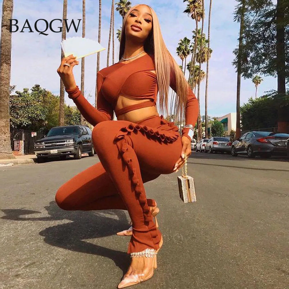 

Autum Long Sleeve Shirt Solid Two Piece Set Sexy Hollow Out Cropped Top and Leggings Ruffles Design Tracksuit Fitness 2ps Set