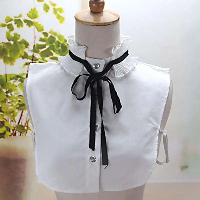 

2020 Ladies Pleated Ruffles Fake Stand Collar Lace-up Bowtie Detachable Half-Shirt