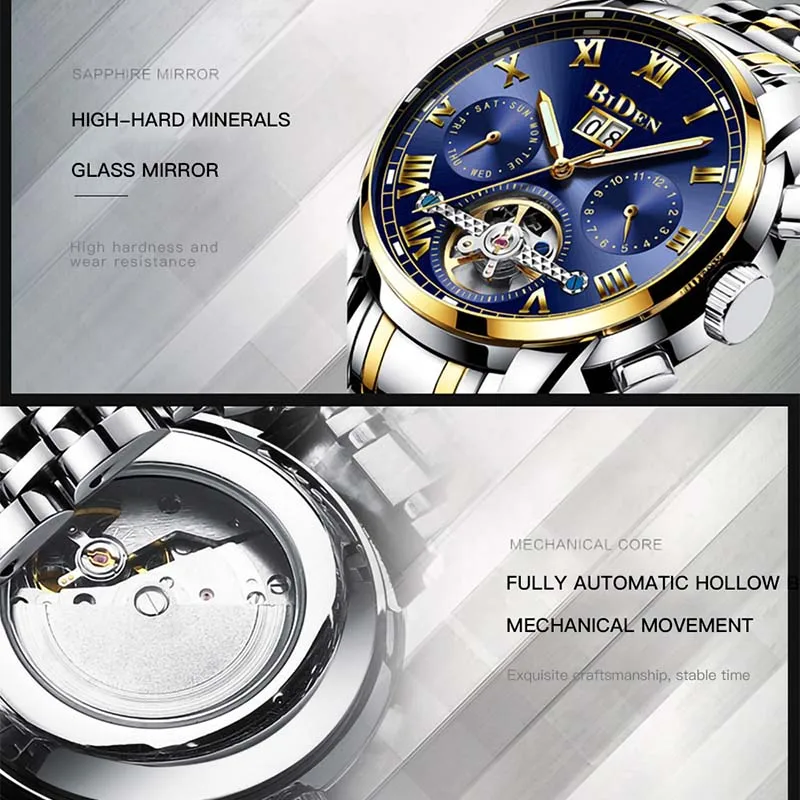 Мужские автоматические механические часы мужские золотые из нержавеющей стали с