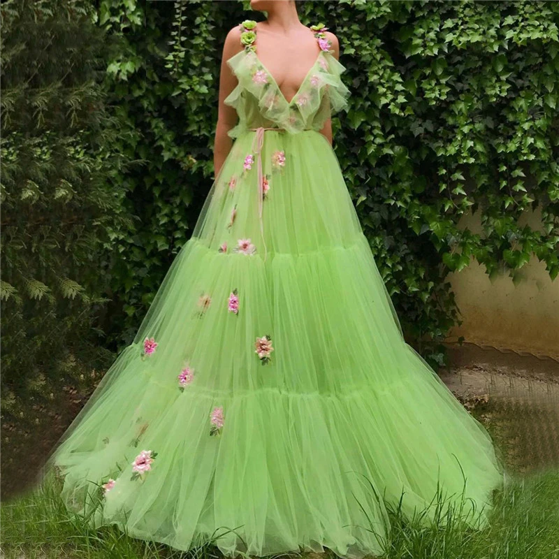 

2019 New Green Tulle Evening Gowns V Neck Spaghetti Strap Flower Formal Dress Ruffles Long Prom Party Dresses Cheap Custom Made