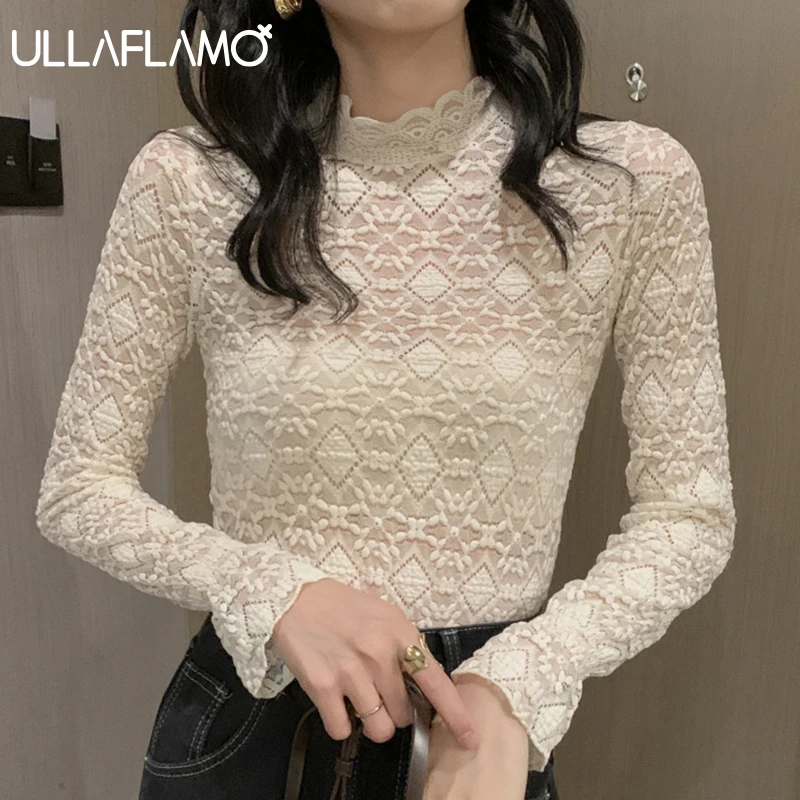 

Geometric Embroidery Sexy Long Sleeve Base T-Shirt Base Shirt Perspective Mesh Top Women Blouse Korean Elegant Slim Tees Tshirt
