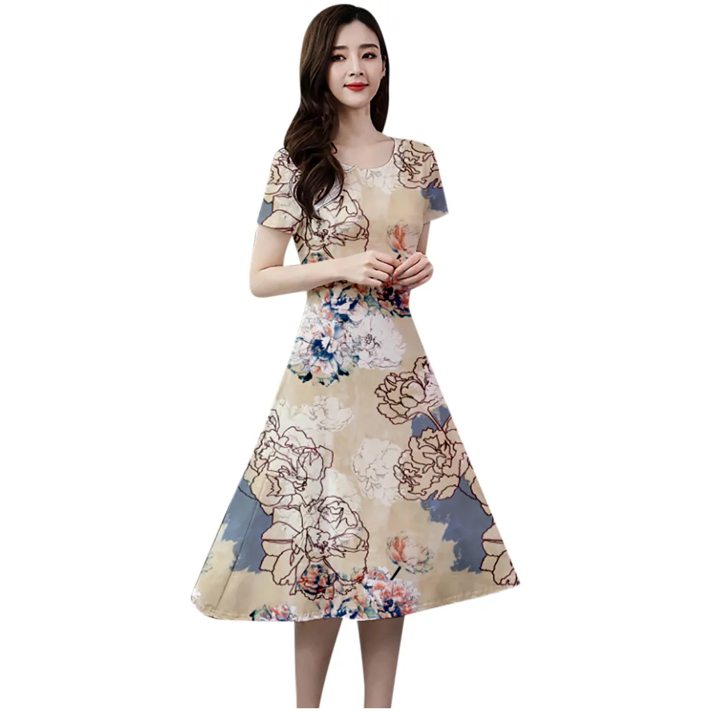 Летнее платье 2020 повседневное женское с круглым вырезом длинным рукавом узором в