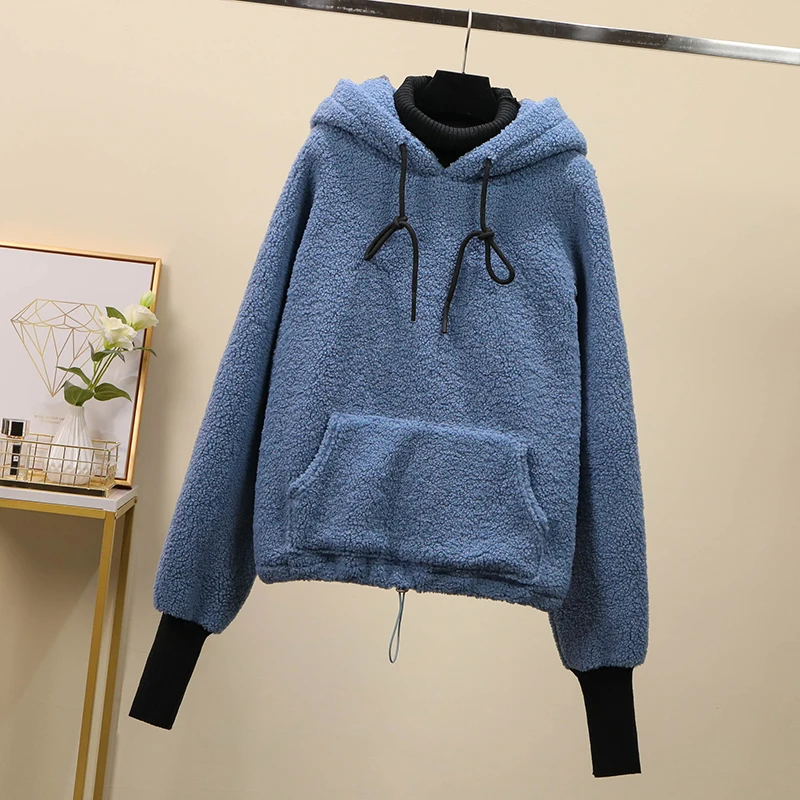 

New Autumn Winter Thick Warm Coat Velvet Cashmere Women Hoody Sweatshirt Solid Blue Pullover Casual Tops Lady Loose Long Sleeve