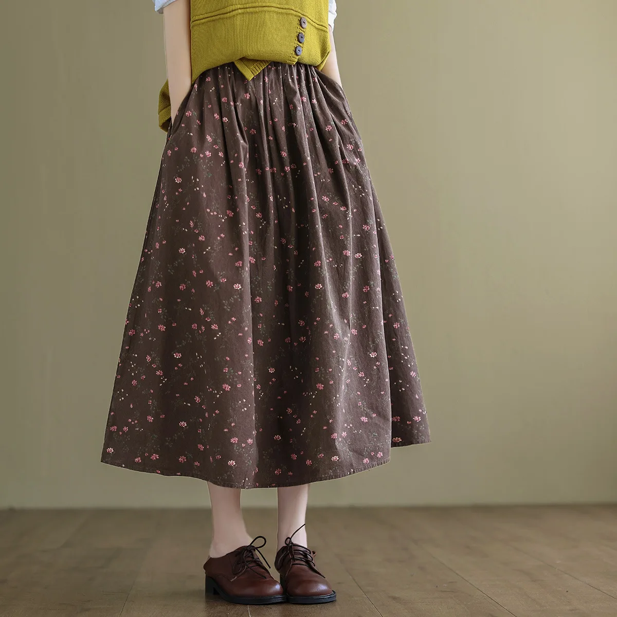 

vintage cotton linen floral women autumn loose large size A-line skirt