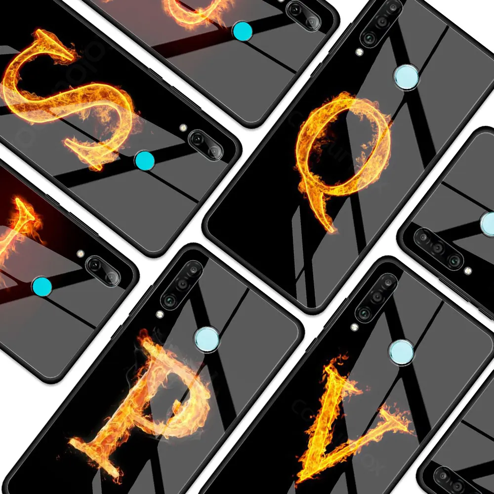 

Flame Fire Initial Letter Glass Phone Case for Huawei P30 P40 Pro P20 Lite P Smart Z Y7 Y9 Y9a Y6 2019 for Honor 20 8X 9X Cover