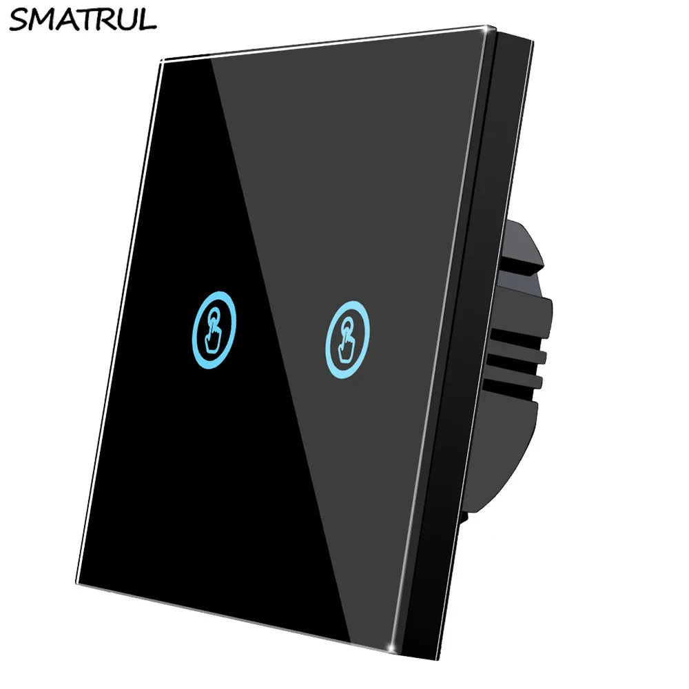 2 gang Switch BLACK SMATRUL сенсорный настенный светильник, светодиодная лампа, кристальная стеклянная панель для экрана 1 2 3 банды, без нейтрального провода, стандарт ЕС, Великобритании, датчик вкл - Цвет: 2 gang Switch BLACK