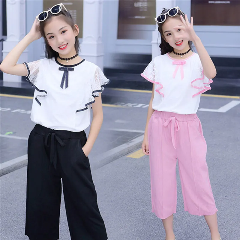 

Teenager Girls Summer Clothes Sets For Kids Wear 4 6 8 10 12 14 Year Teenage Girls Clothing Set Frill Top + Wide Pants 2PCS Set