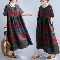 plus size women dress oversize 4xl 5xl 6xl cotton linen maxi dress robe female vintage summer plaid boho beach sundress 2021 new