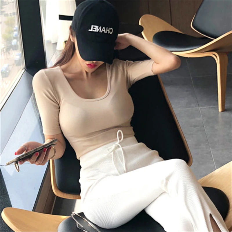 Женская эластичная футболка облегающий топ с коротким рукавом Лето Женский в