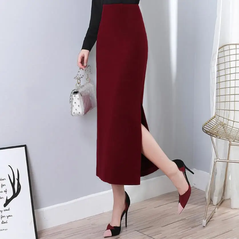 plus size 5XL!New Arrivals Winter Thick Wool Long Skirts For Women High Waist Casual Split Woolen Slim Pencil Skirt | Женская одежда