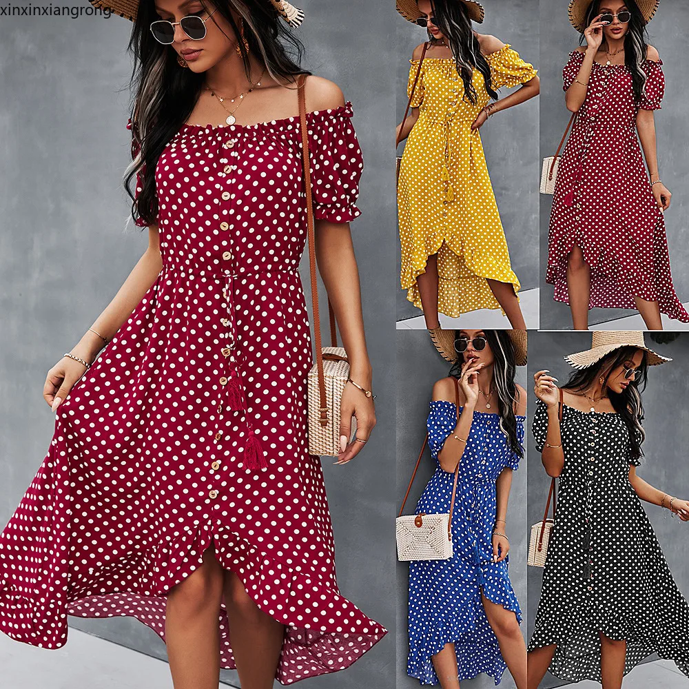 

Self-Designed Women's Large Swing off-Shoulder Dress 2021 Spring and Summer Independent Station Classic Polka Dot Skirt