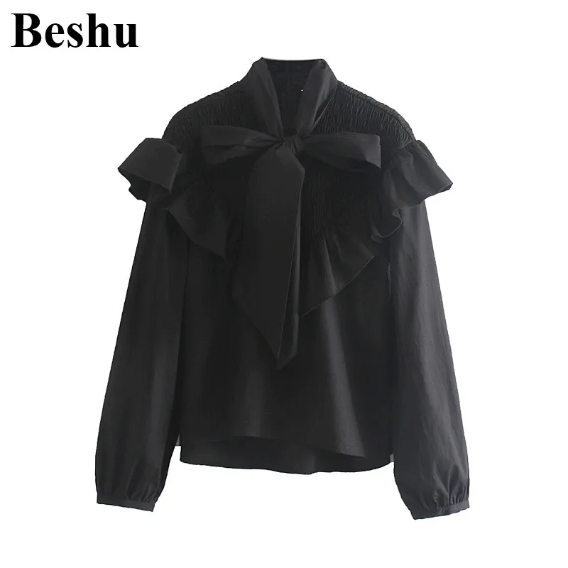 Мода ZA Женская шикарная черная блузка с галстуком бабочкой на воротнике молнией