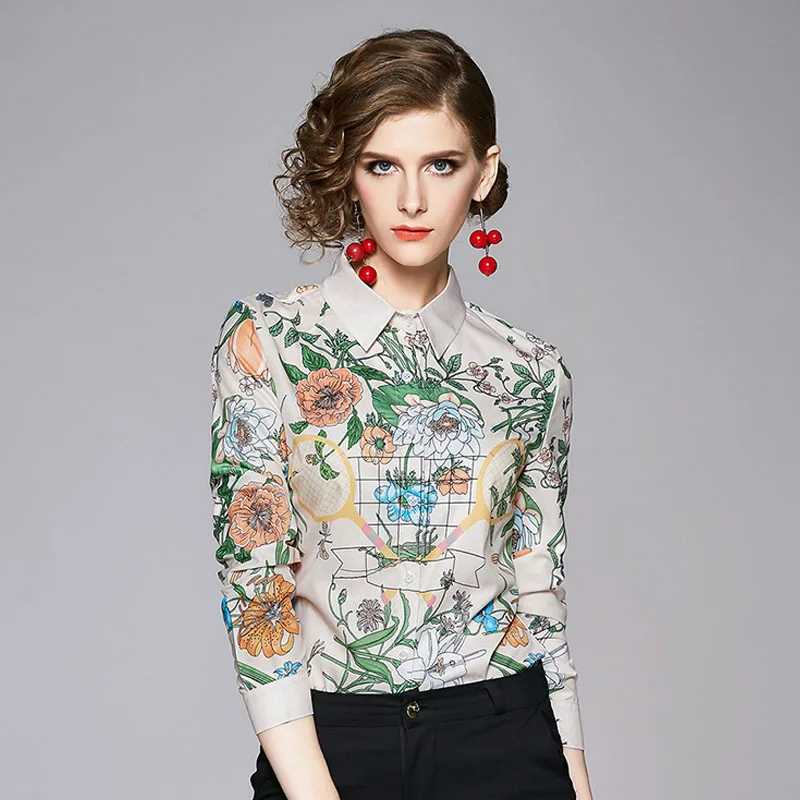 

Designer Women Autumn Long Sleeve Vintage Blouse Flower Print Runway Shirt Office Lady Elegant Top Shirts