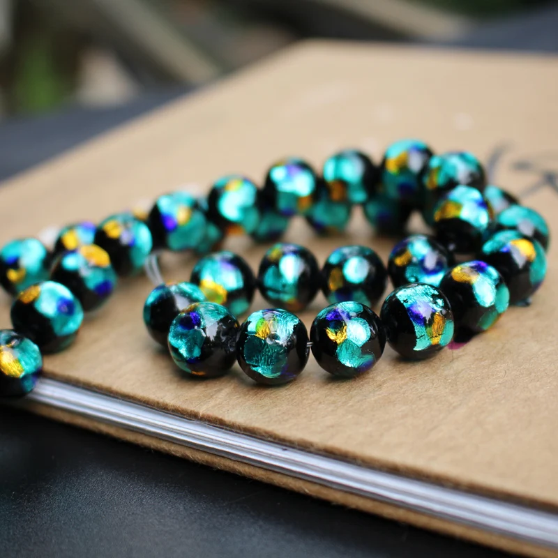 

12mm Lampwork Glass Beads Teal Blue foil with blue orange dots Round Beads for jewelry Making Accessories Japanese Style 2020