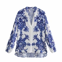 fashion blue totem print long sleeve v neck women shirt 2021 summer autumn pullover vents chic office lady blouse casual tops
