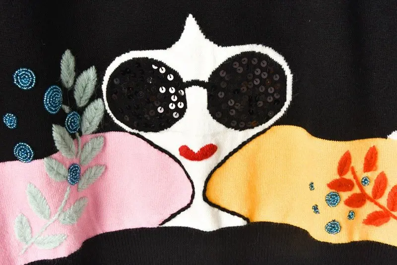 JOYDU Embroidery Leaves Cartoon Girl Sequins Beading Designer Knitted Pullover Sweater Women Autumn Jumper Stripes Long Sleeve | Женская