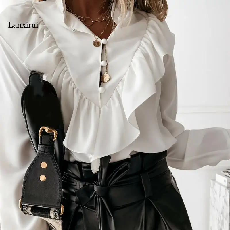 

Женская офисная блузка на пуговицах, белая Повседневная Базовая Элегантная блузка с длинным рукавом, воротником-стойкой и оборками, 2020
