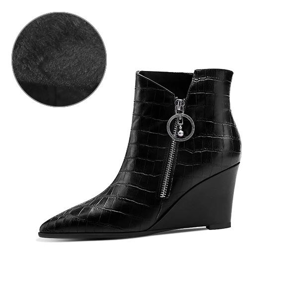 Black Short Plush SOPHITINA/ботинки из натуральной кожи с острым носком; женские зимние модные ботинки на молнии с металлическим украшением; удобные ботинки на танкетке; PO257 - Цвет: Black Short Plush