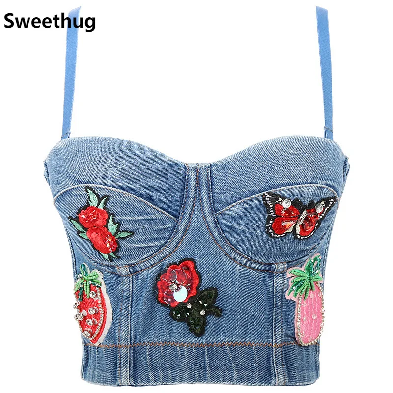 

Mayata Sexy Top DJ wear tube top nightclub sexy rose flower butterfly bead embroidery cropped denim camisole