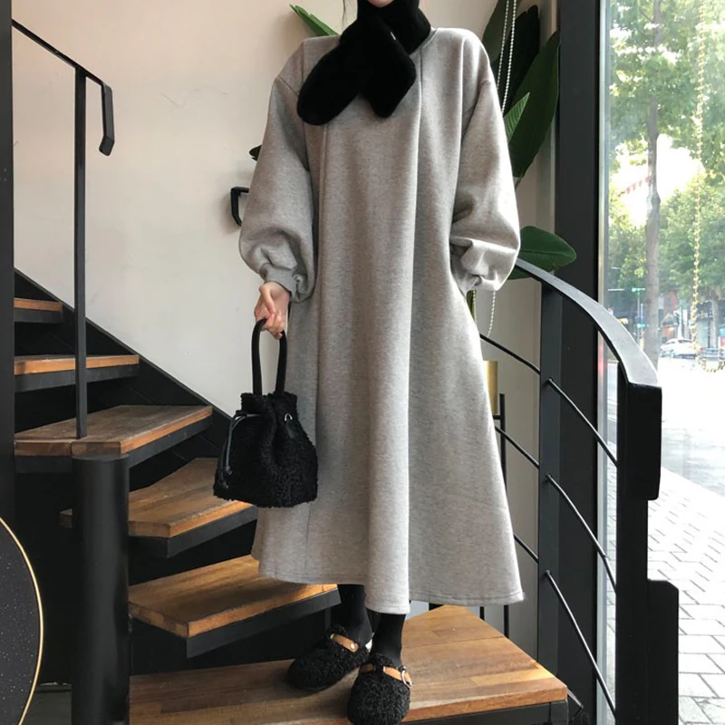 

TVVOVVIN Women Dress Lantern Sleeve Plus Size Long Dresses Women Black Gray Loose Thicken Casual Autumn Winter Dresses 2021 VC30