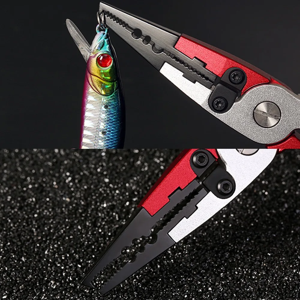 

New Aluminum Alloy Fishing Pliers Split Ring Cutter Fishing Holder Tackle with Sheath Retractable lanyard tool Red/Blue